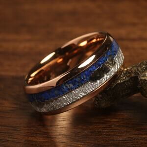 18K Rose Gold Lapis Lazuli Ring Arrow Meteorite Ring Mens Wedding Band Tungsten